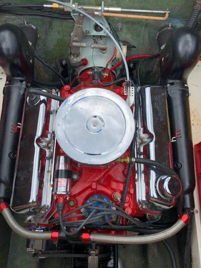 The engine of a red motorcycle